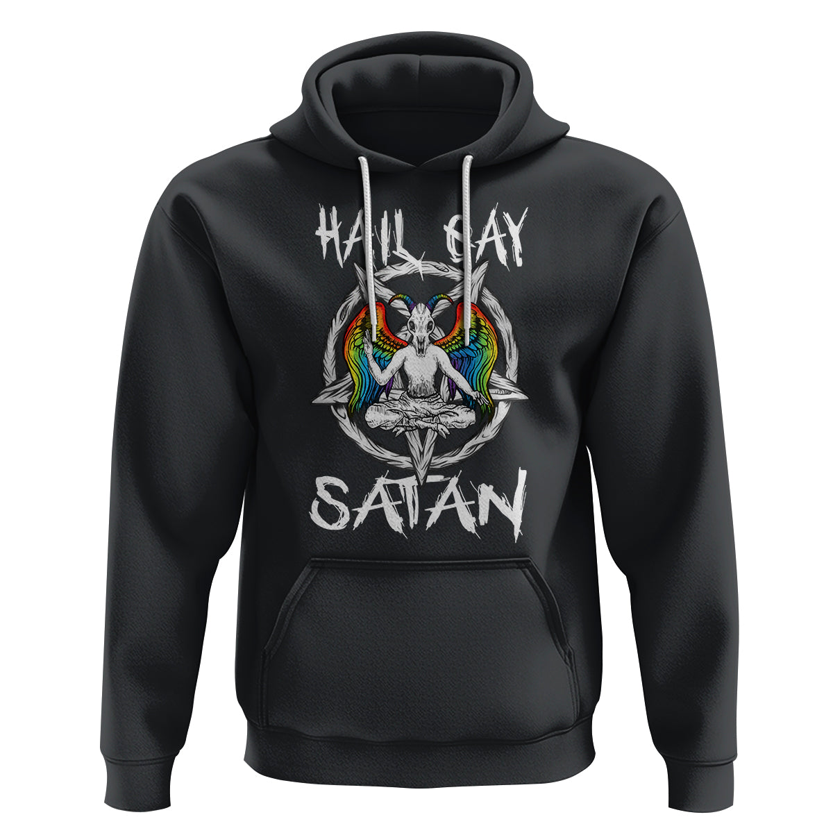 Black goth hoodie with front Baphomet graphic, rainbow wings, and HAIL GAY SATAN print
