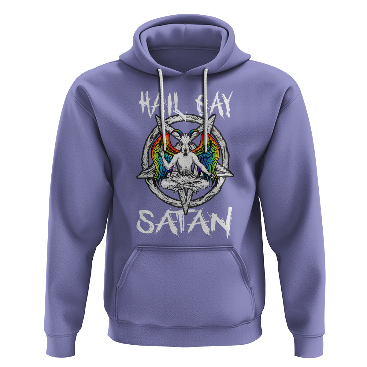 Violet goth hoodie with front Baphomet graphic, rainbow wings, and HAIL GAY SATAN print