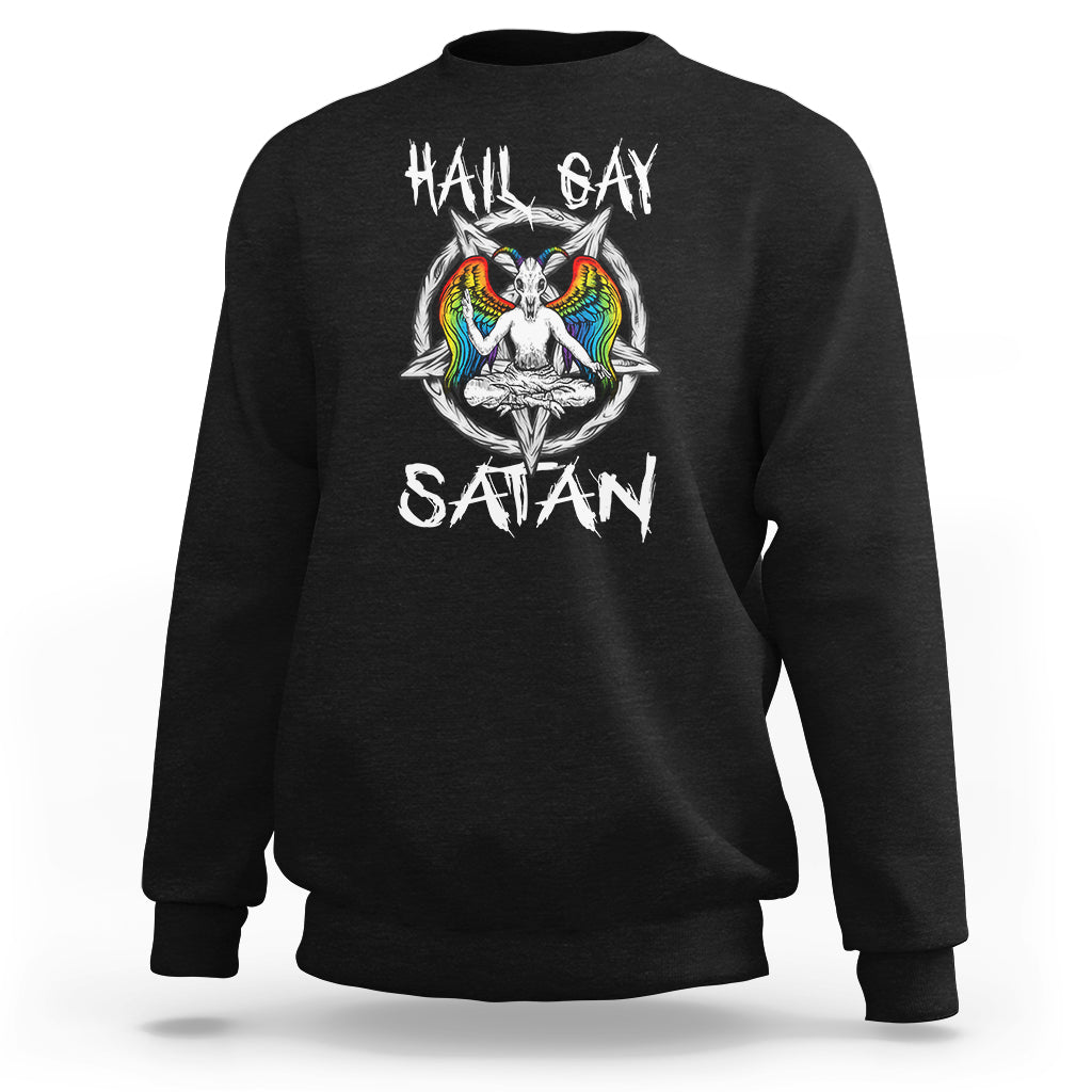Black sweatshirt with 'Hail Gay Satan' text and colorful winged graphic on chest