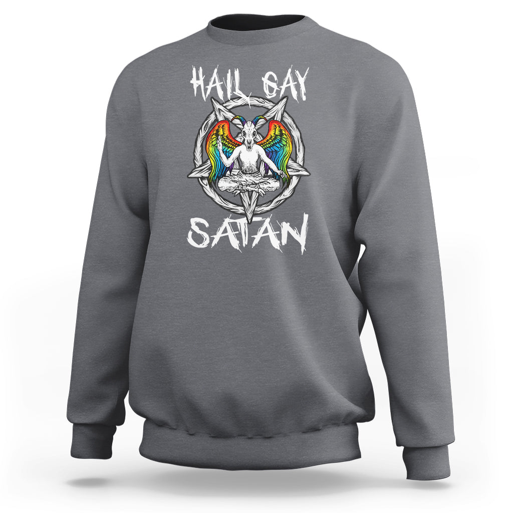 Charcoal gray sweatshirt with 'Hail Gay Satan' text and colorful winged graphic on chest