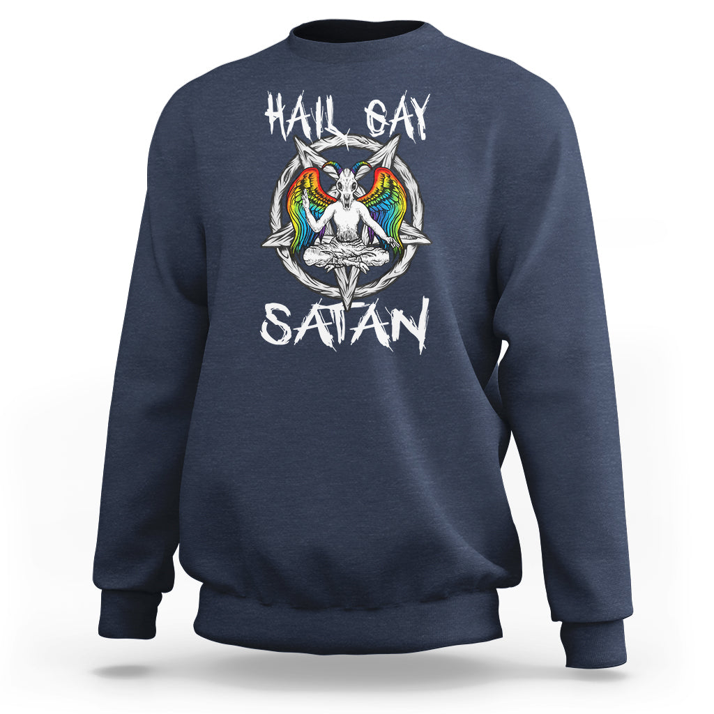 Navy sweatshirt with 'Hail Gay Satan' text and colorful winged graphic on chest