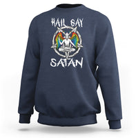 Navy sweatshirt with 'Hail Gay Satan' text and colorful winged graphic on chest