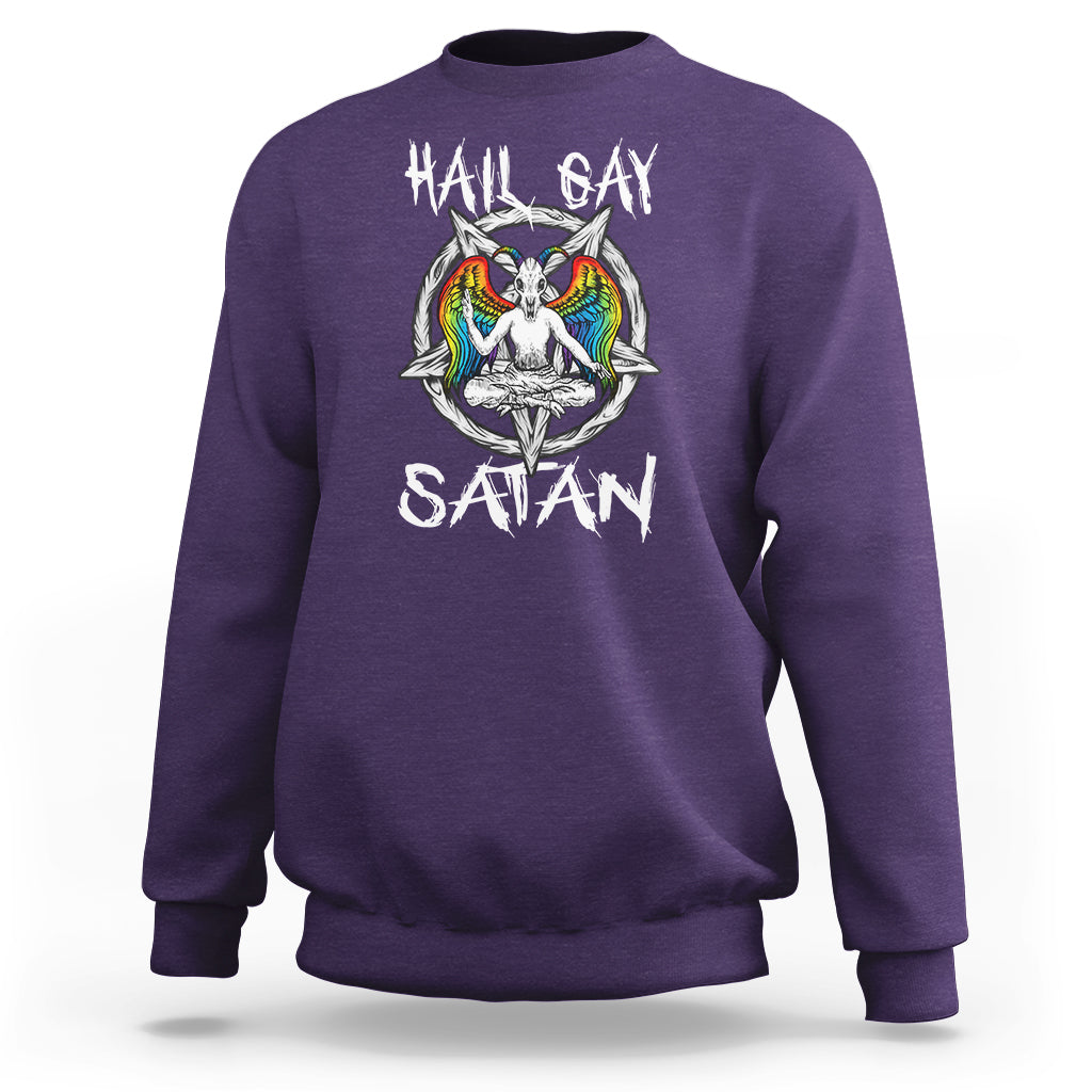 Purple sweatshirt with 'Hail Gay Satan' text and colorful winged graphic on chest