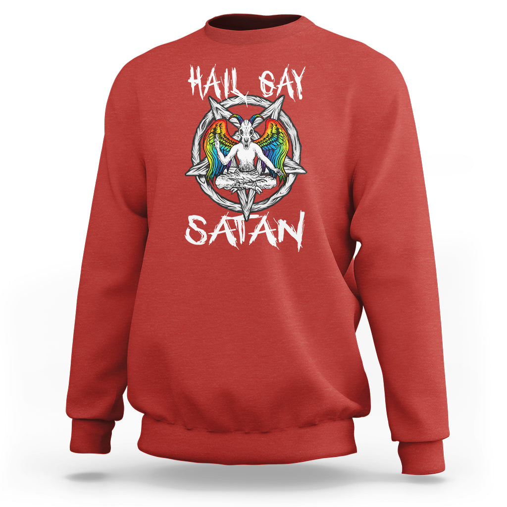 Red sweatshirt with 'Hail Gay Satan' text and colorful winged graphic on chest