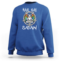 Royal blue sweatshirt with 'Hail Gay Satan' text and colorful winged graphic on chest