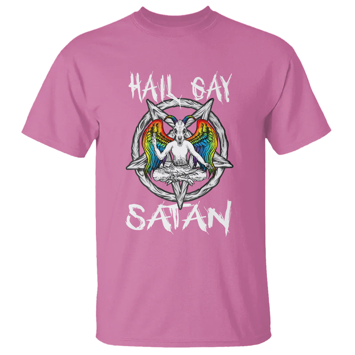 Azalea pink graphic t-shirt with “Hail Gay” and “Satan” text and colorful baphomet emblem