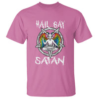 Azalea pink graphic t-shirt with “Hail Gay” and “Satan” text and colorful baphomet emblem