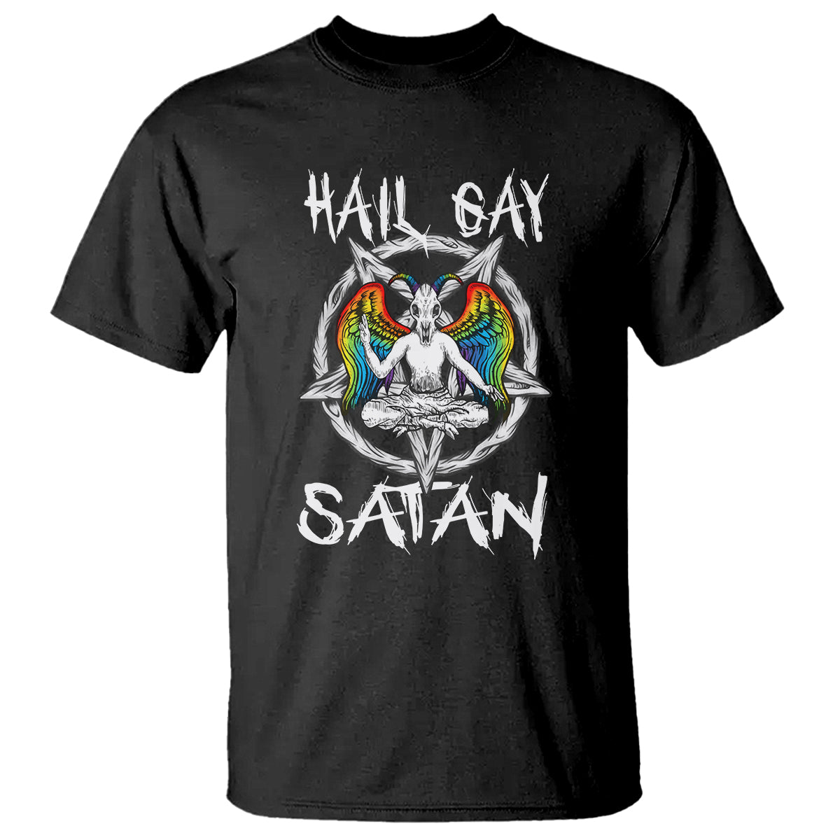 Black graphic t-shirt with “Hail Gay” and “Satan” text and colorful baphomet emblem
