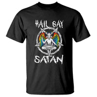 Black graphic t-shirt with “Hail Gay” and “Satan” text and colorful baphomet emblem