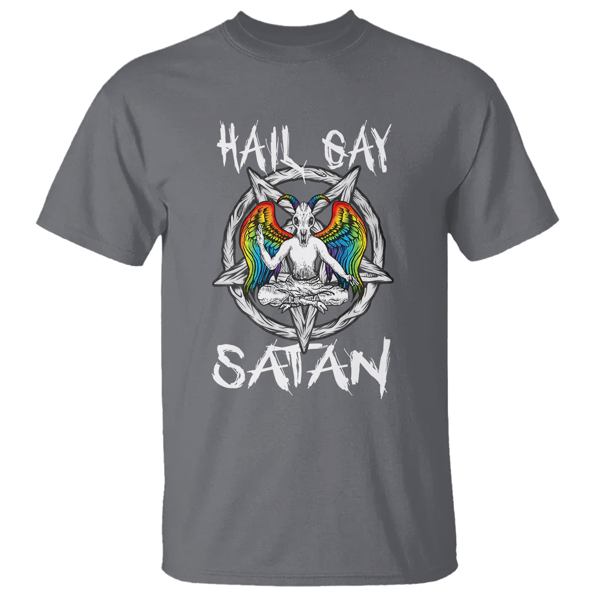 Charcoal graphic t-shirt with “Hail Gay” and “Satan” text and colorful baphomet emblem