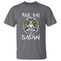 Charcoal graphic t-shirt with “Hail Gay” and “Satan” text and colorful baphomet emblem