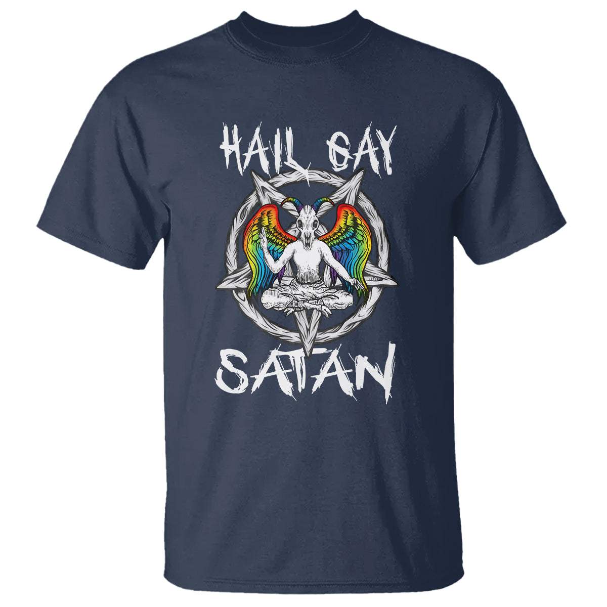 Navy graphic t-shirt with “Hail Gay” and “Satan” text and colorful baphomet emblem