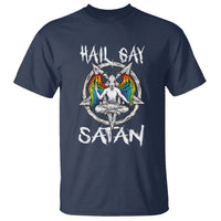 Navy graphic t-shirt with “Hail Gay” and “Satan” text and colorful baphomet emblem