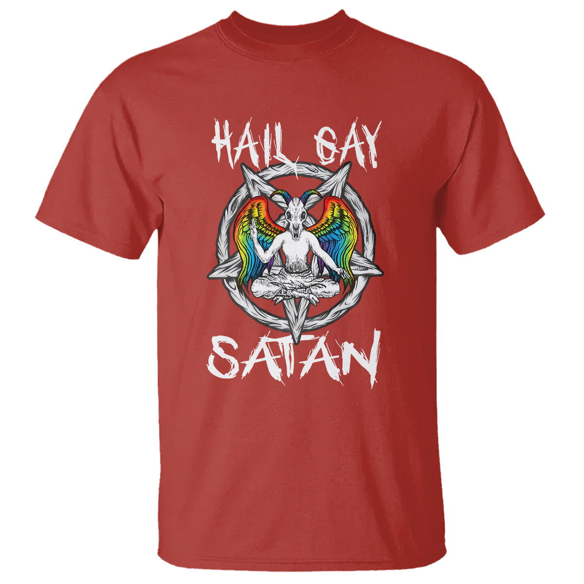Red graphic t-shirt with “Hail Gay” and “Satan” text and colorful baphomet emblem