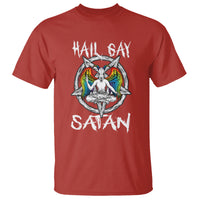 Red graphic t-shirt with “Hail Gay” and “Satan” text and colorful baphomet emblem