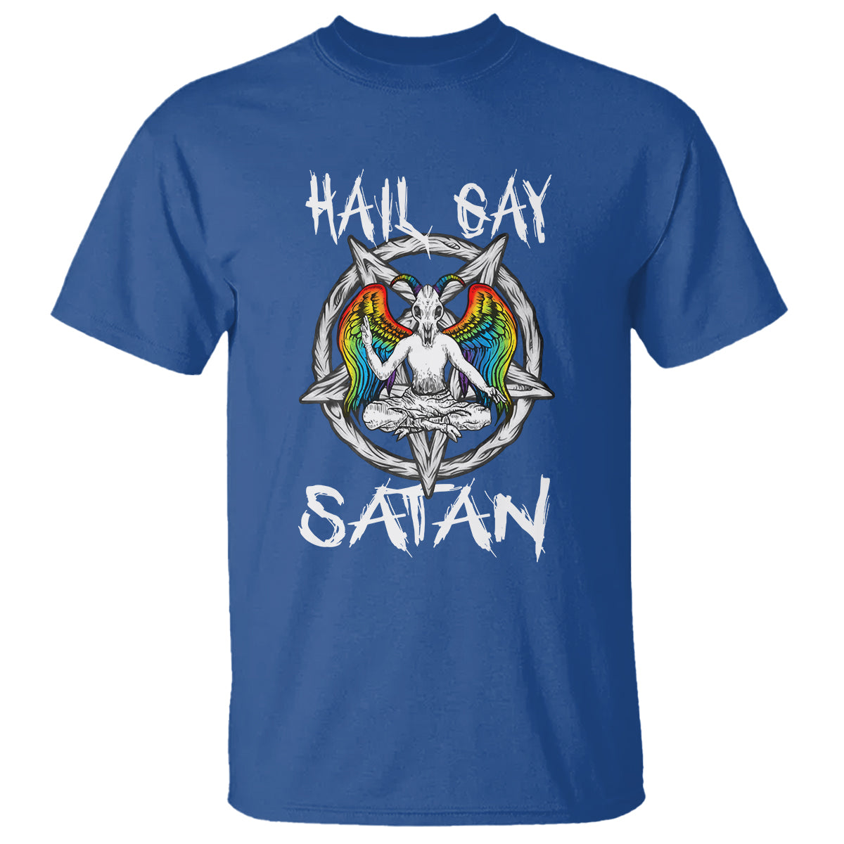 Royal blue graphic t-shirt with “Hail Gay” and “Satan” text and colorful baphomet emblem