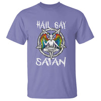 Violet graphic t-shirt with “Hail Gay” and “Satan” text and colorful baphomet emblem