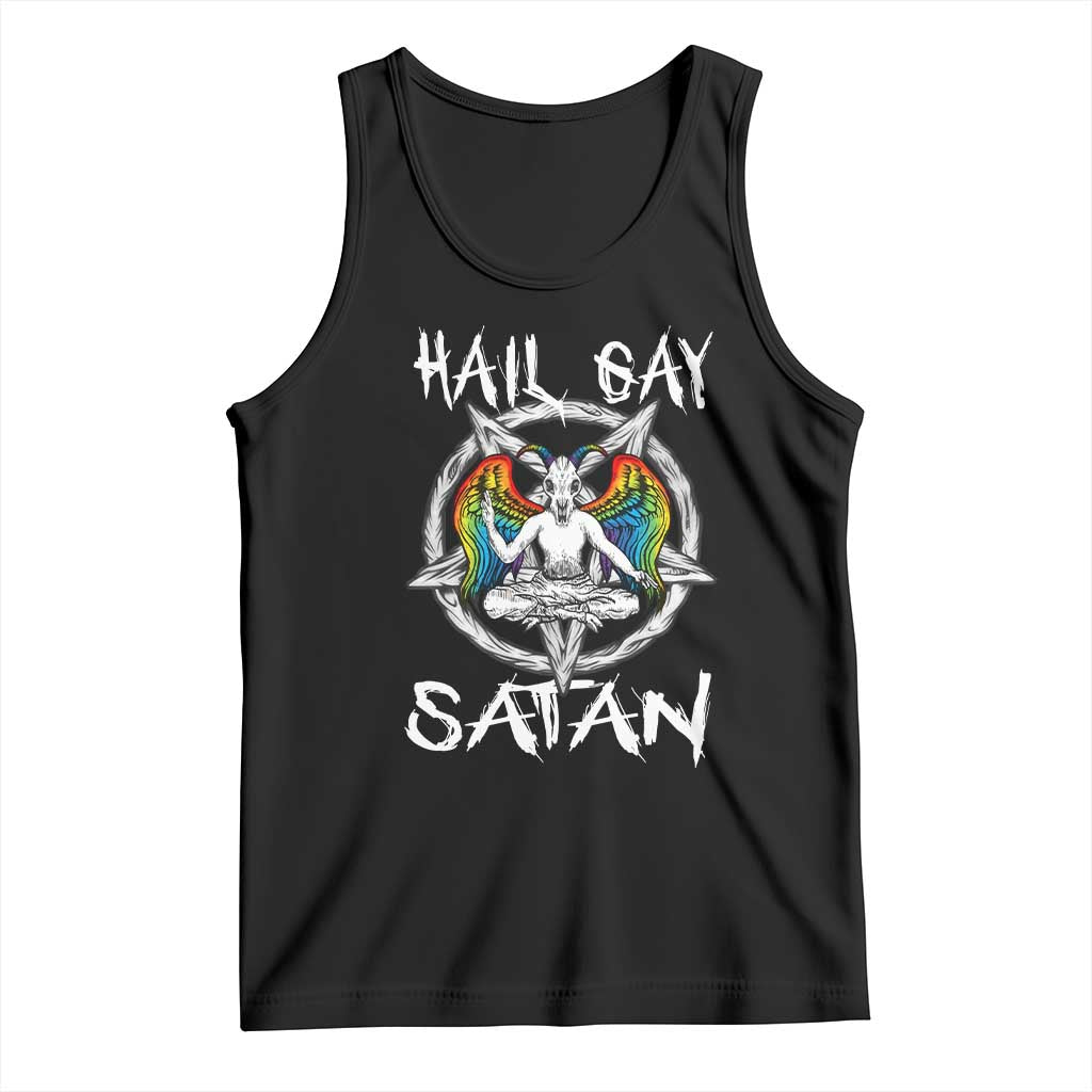Black graphic tank top with baphomet and 'HAIL GAY SATAN' front print