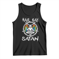 Black graphic tank top with baphomet and 'HAIL GAY SATAN' front print