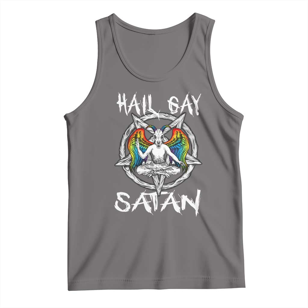 Gray sleeveless tank top with 'Hail Gay Satan' text and colorful baphomet graphic