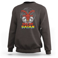Dark chocolate crewneck sweatshirt with skull and red/orange winged demon graphic