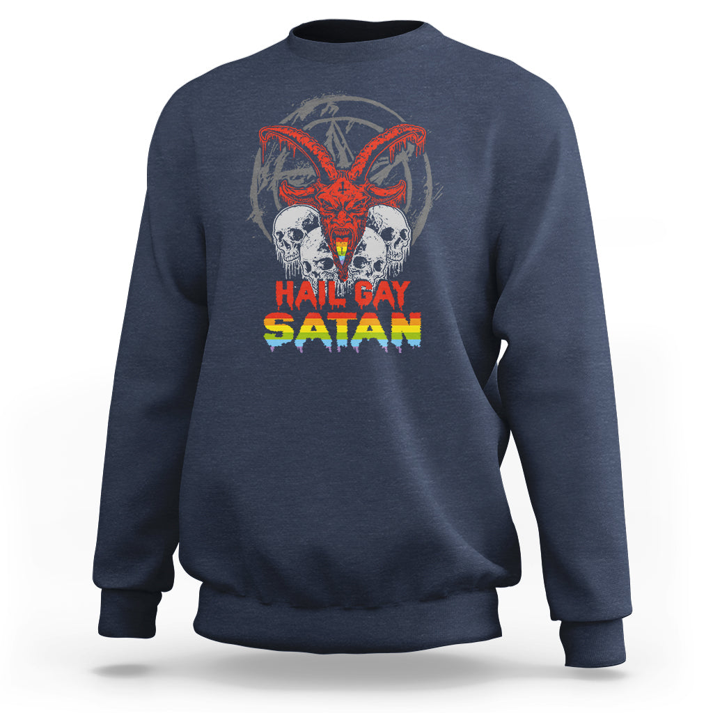 Navy crewneck sweatshirt with skull and red/orange winged demon graphic