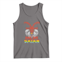 Gray goth tank top with red demonic emblem, skulls, and rainbow Hail Gay Satan text