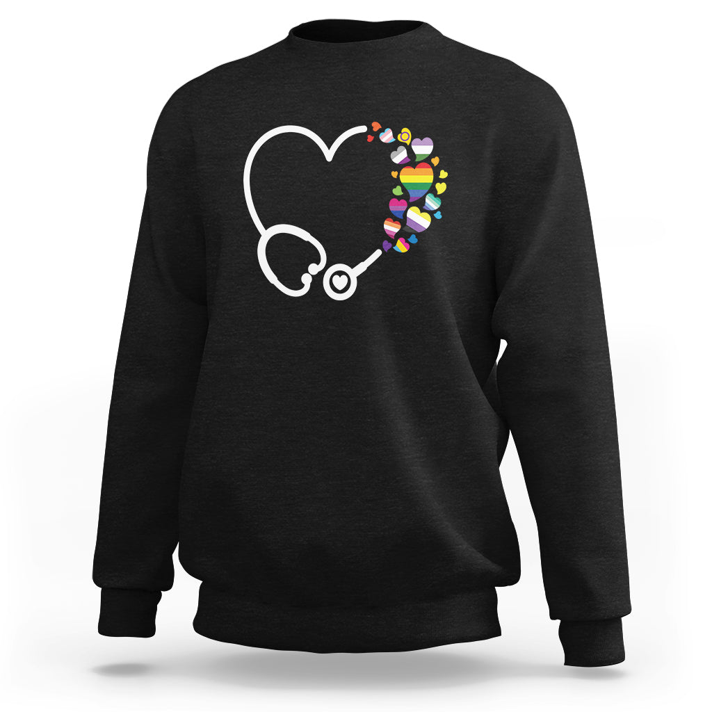 Black nurse sweatshirt with heart stethoscope rainbow graphic on chest