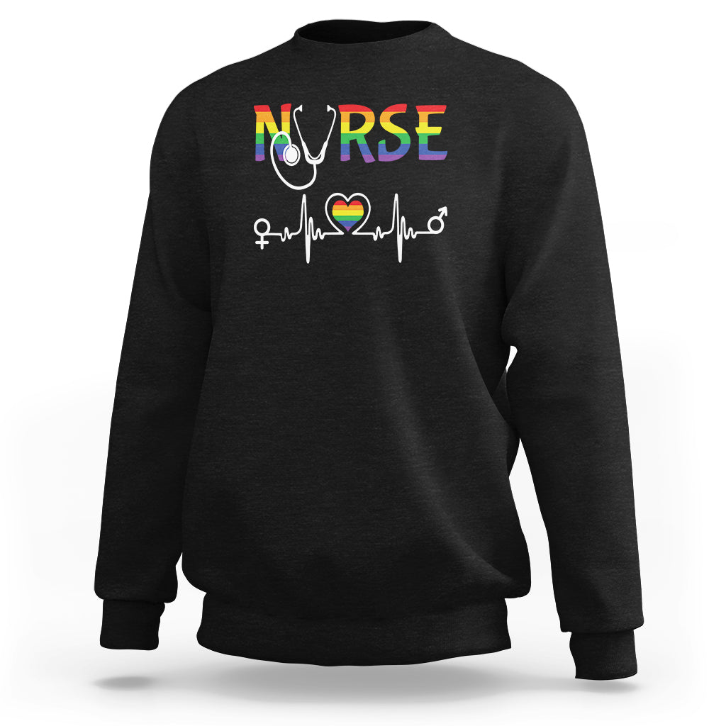 Black nurse sweatshirt with rainbow “NURSE” graphic, stethoscope and heartbeat heart