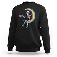 Black crewneck sweatshirt with skeleton drinking coffee graphic and rainbow arc print