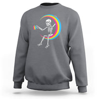 Charcoal gray crewneck sweatshirt with skeleton drinking coffee graphic and rainbow arc print