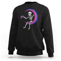 Black crewneck sweatshirt with skeleton holding coffee mug graphic