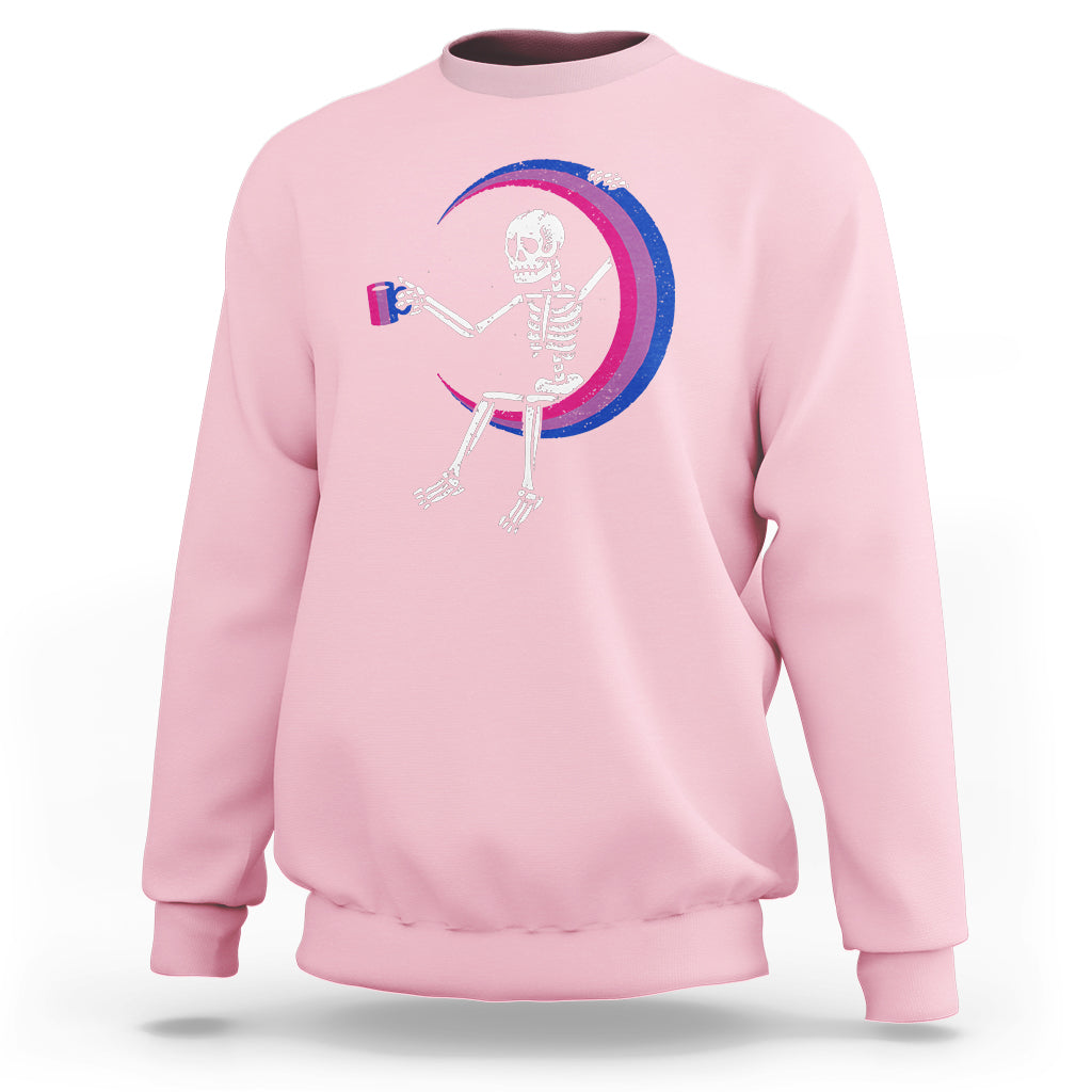 Light pink crewneck sweatshirt with skeleton holding coffee mug graphic