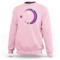 Light pink crewneck sweatshirt with skeleton holding coffee mug graphic
