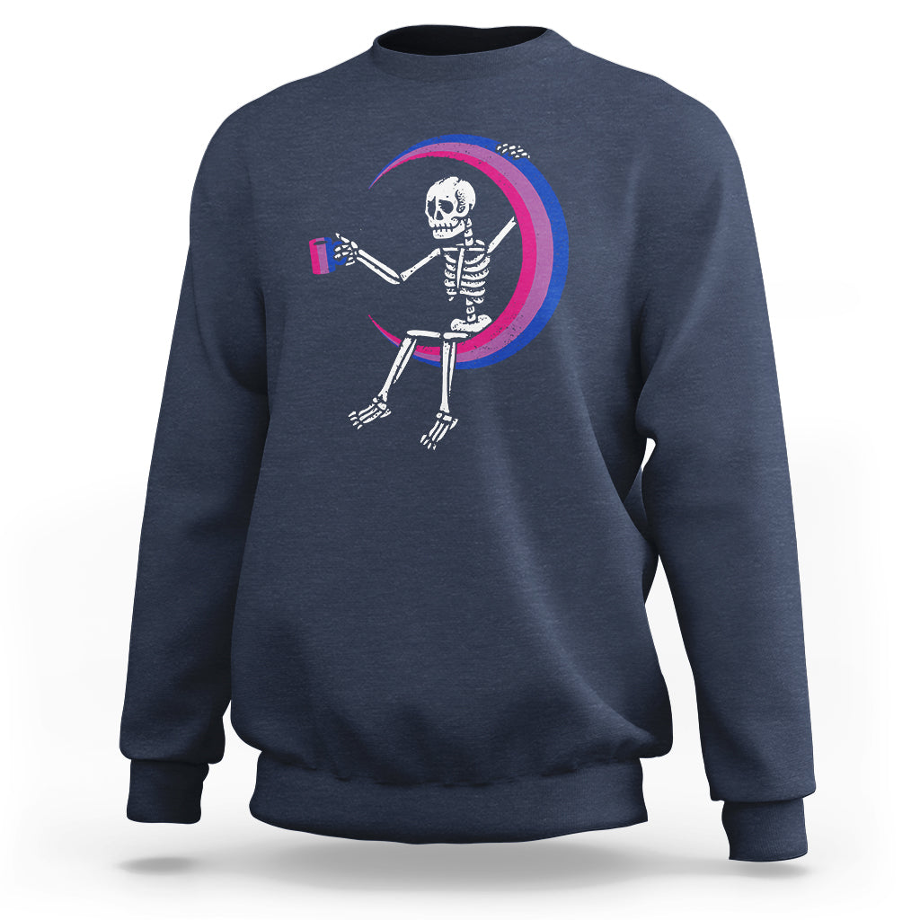 Navy crewneck sweatshirt with skeleton holding coffee mug graphic