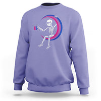 Violet crewneck sweatshirt with skeleton holding coffee mug graphic