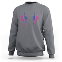 Charcoal gray crewneck sweatshirt with colorful hand graphic on chest