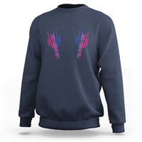 Navy crewneck sweatshirt with colorful hand graphic on chest