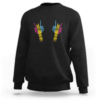 Black sweatshirt with colorful skeletal rock hand graphic on back