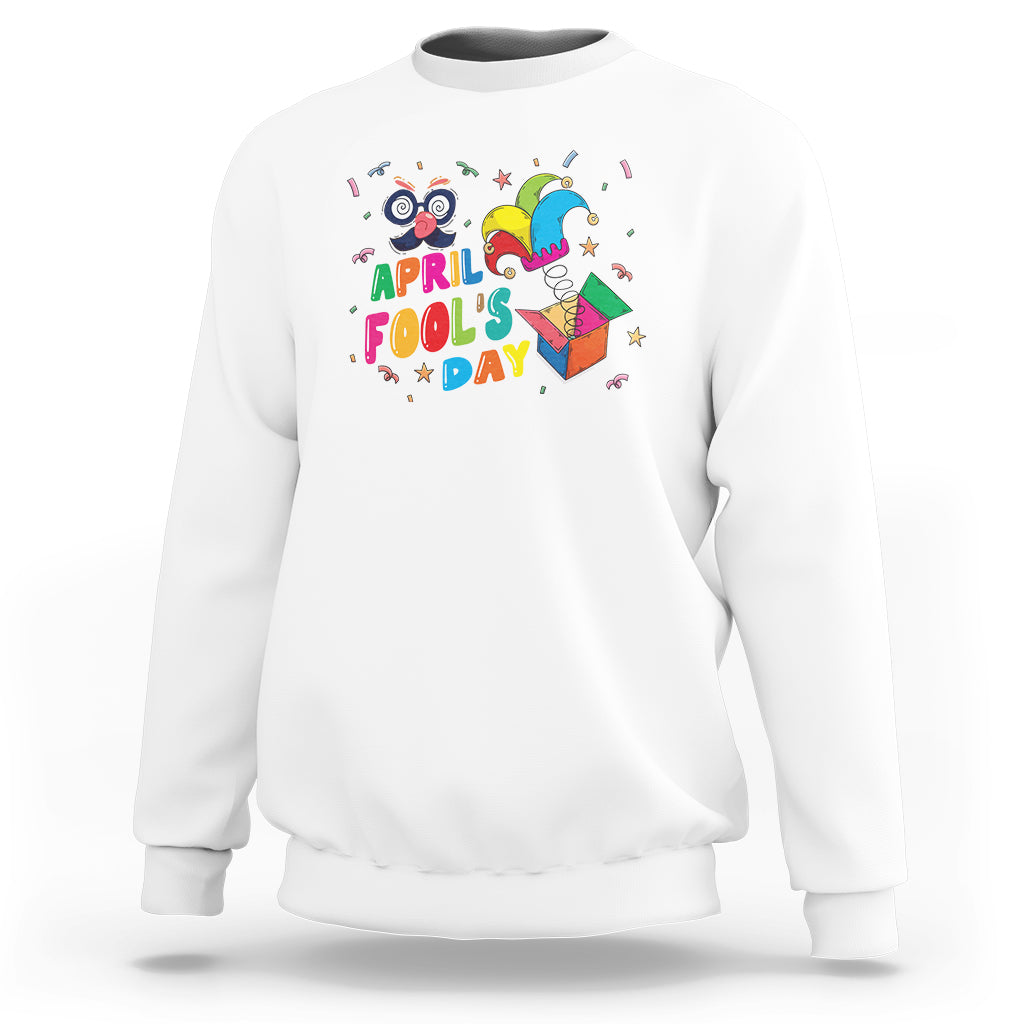 White April Fool’s Day jester sweatshirt with colorful “April Fool’s Day” graphic
