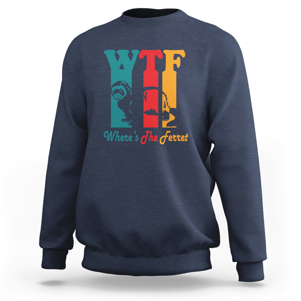 Navy funny graphic sweatshirt with large WTF and “Where’s The Ferret” text print