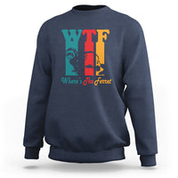Navy funny graphic sweatshirt with large WTF and “Where’s The Ferret” text print