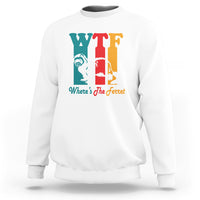 White funny graphic sweatshirt with large WTF and “Where’s The Ferret” text print