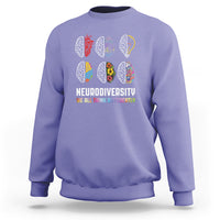 Violet crewneck sweatshirt with multicolor brain icons and “We All Think Differently”