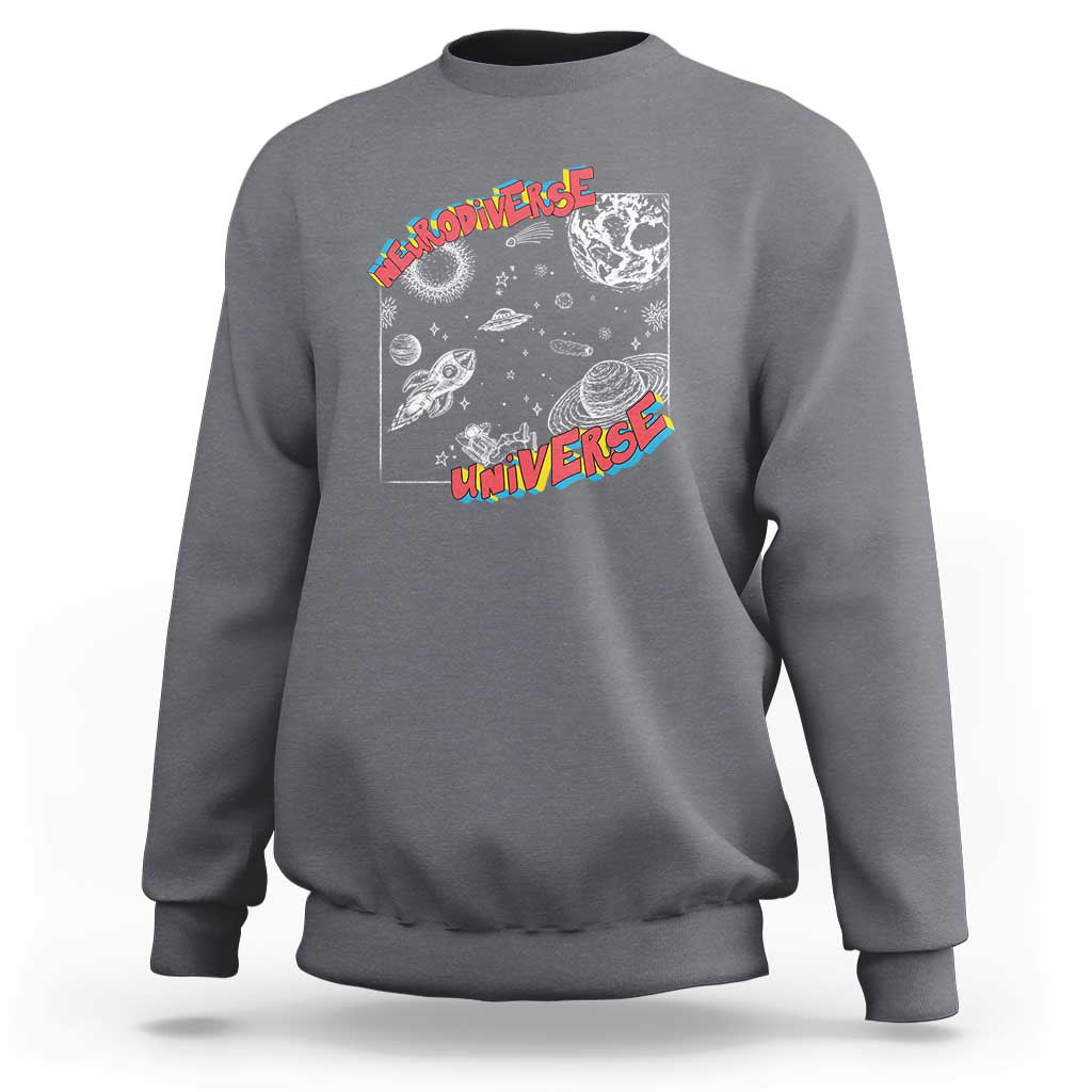 Charcoal gray crewneck sweatshirt with colorful space brain graphic on the chest