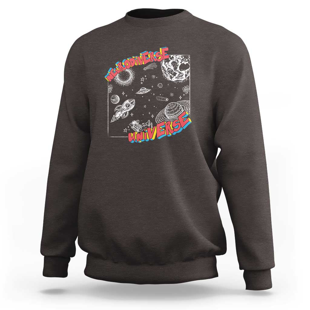 Dark chocolate brown crewneck sweatshirt with colorful space brain graphic on the chest