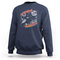 Navy crewneck sweatshirt with colorful space brain graphic on the chest