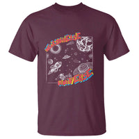 Maroon crewneck T-shirt with “Neurodiverse Universe” space graphic and planets print.