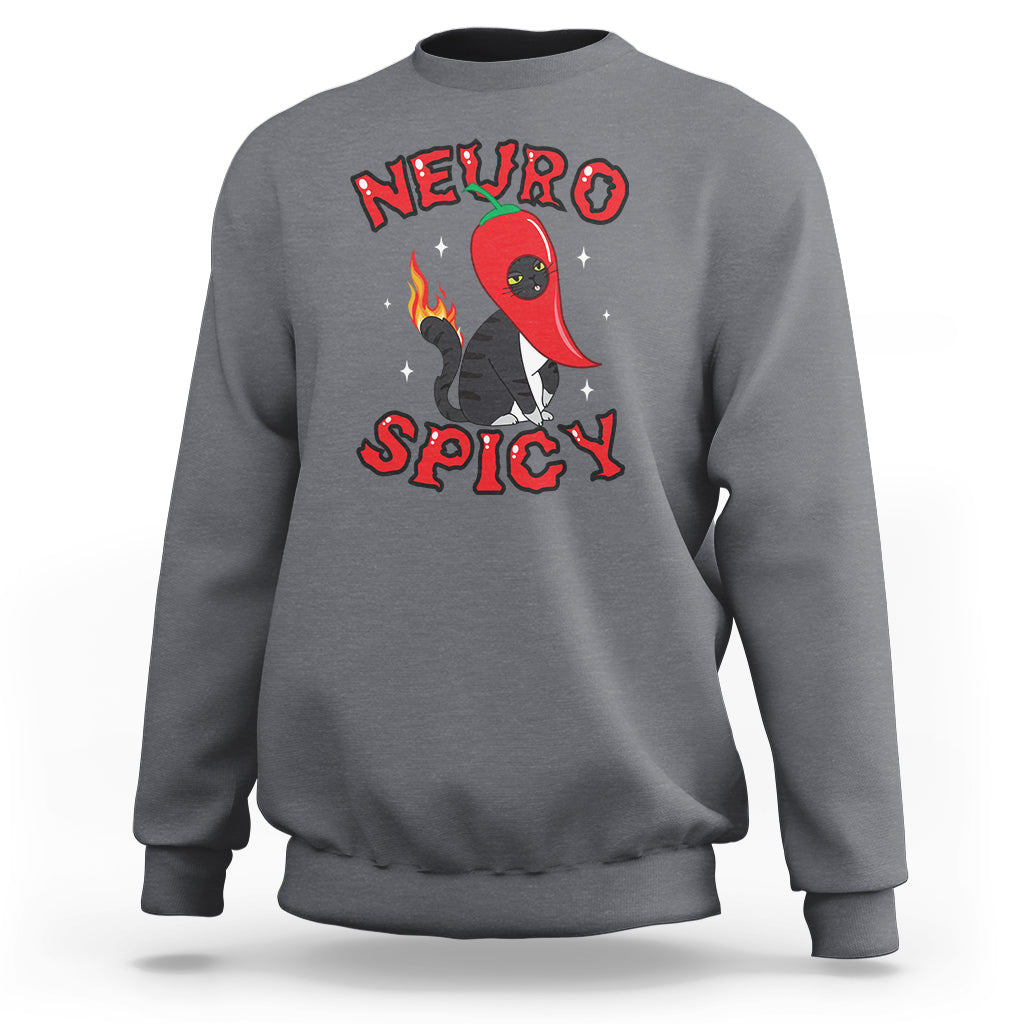 Charcoal crewneck sweatshirt with 'NEURO SPICY' graphic and red rocket cat illustration