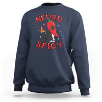 Navy crewneck sweatshirt with 'NEURO SPICY' graphic and red rocket cat illustration